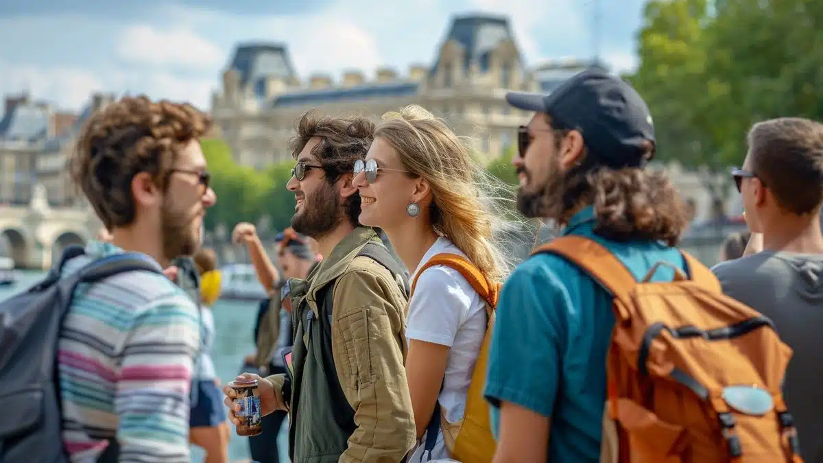 Tourists enjoying French landmarks, reflecting the positive economic boost to local tourism.