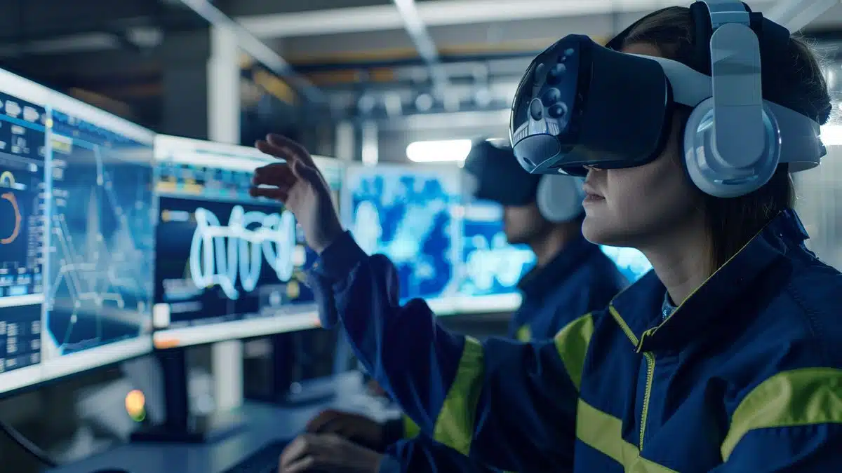 Engineers wearing VR headsets, monitoring a virtual control room.