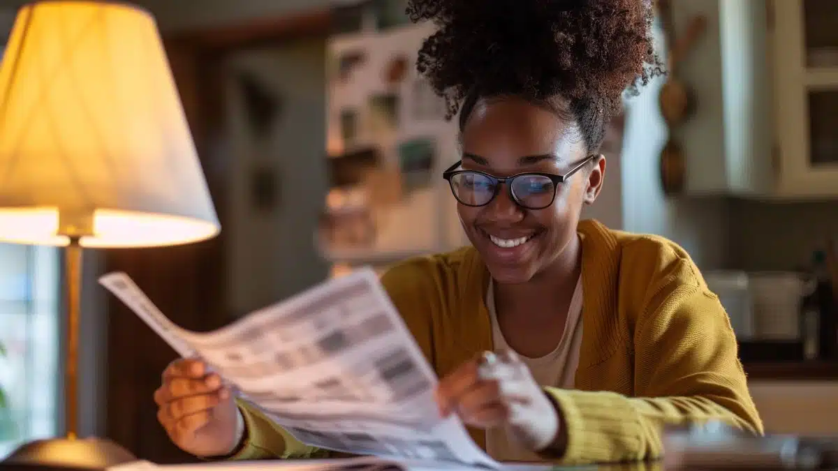 Person smiling while checking lower electricity bill.