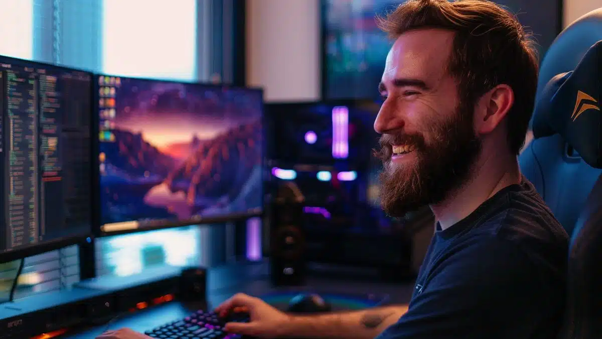 Developer smiling while working with DevToys on a dualmonitor setup.