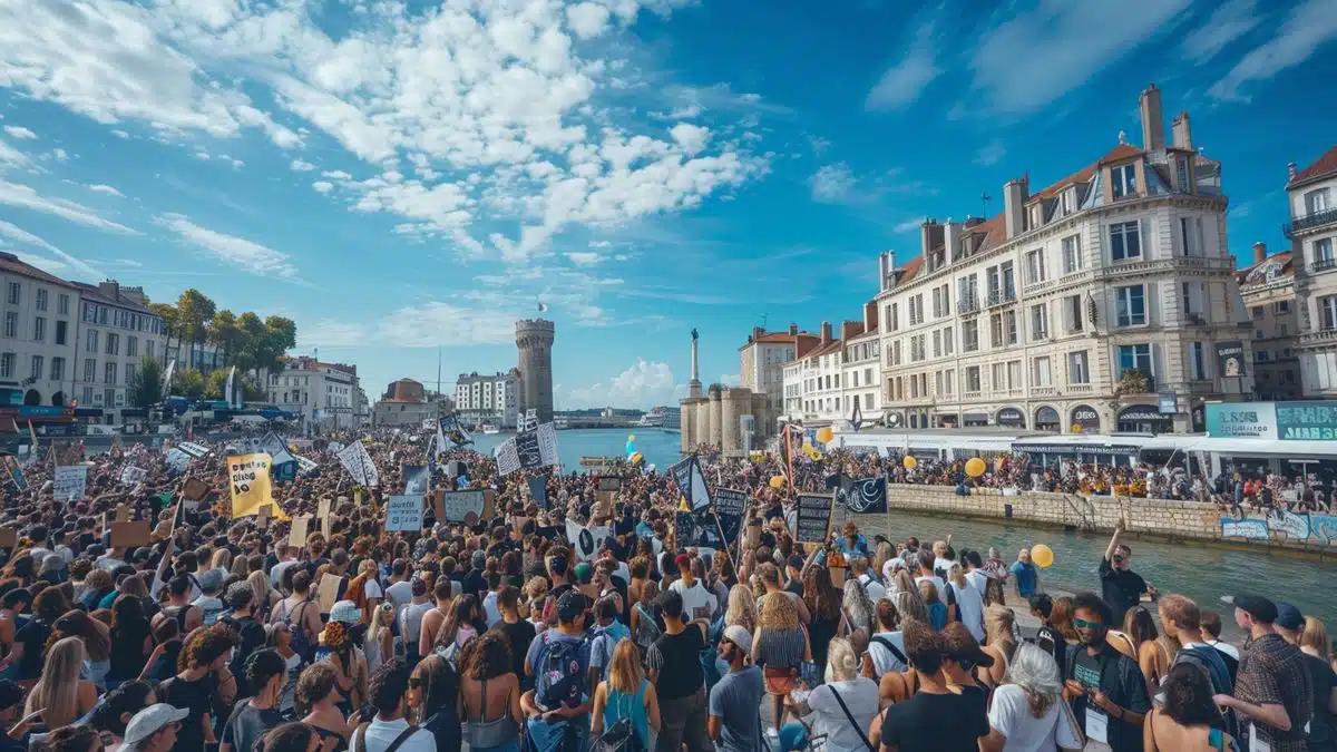 Crowds with banners and signs at La Rochelle waterfront.