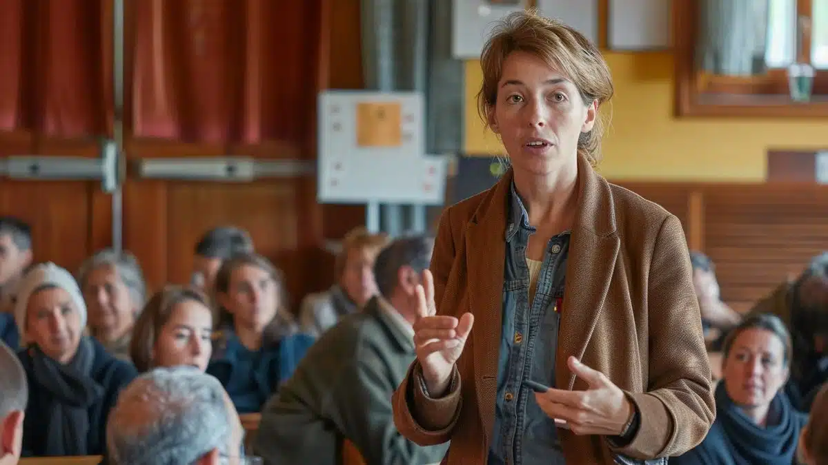 MarieGabrielle Nassivet addressing a town hall meeting, engaging with the community.