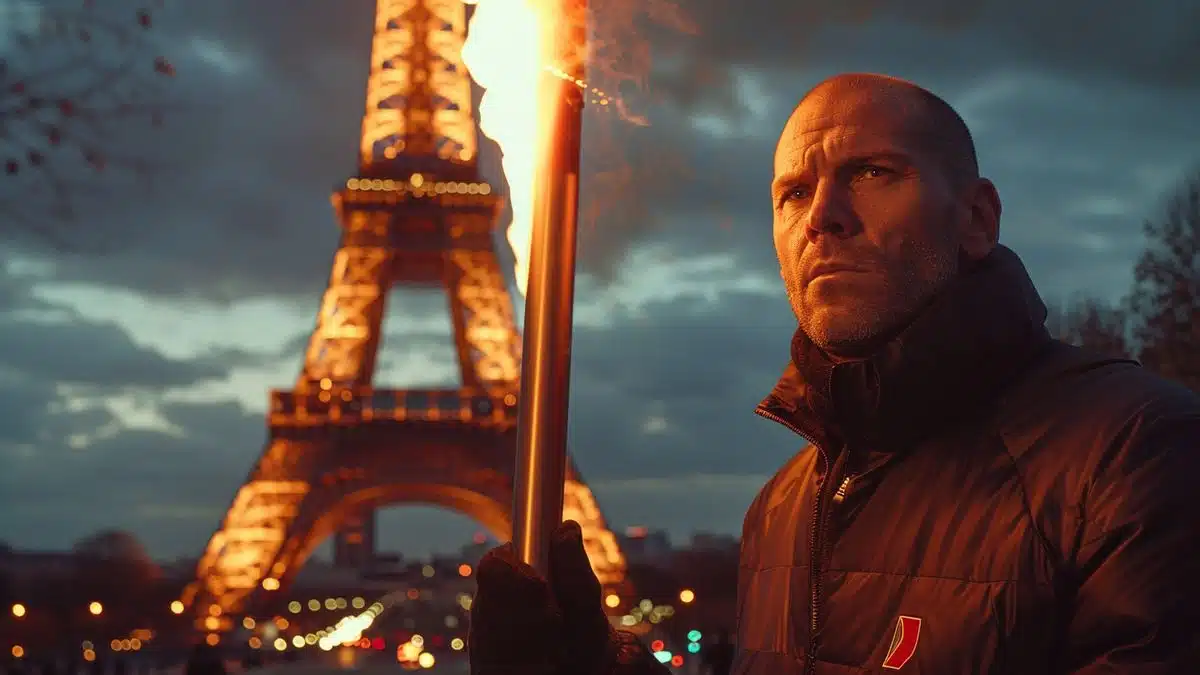 Zinedine Zidane in front of Eiffel Tower, holding Olympic torch.