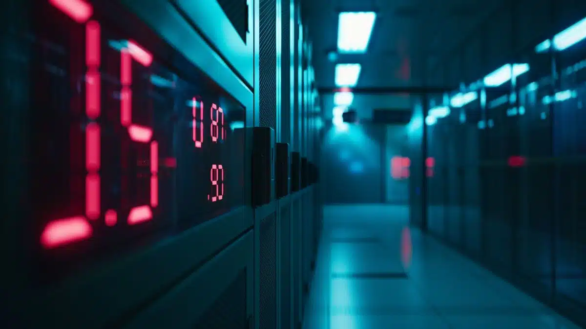 Digital clock counting down on a dimly lit server room screen.