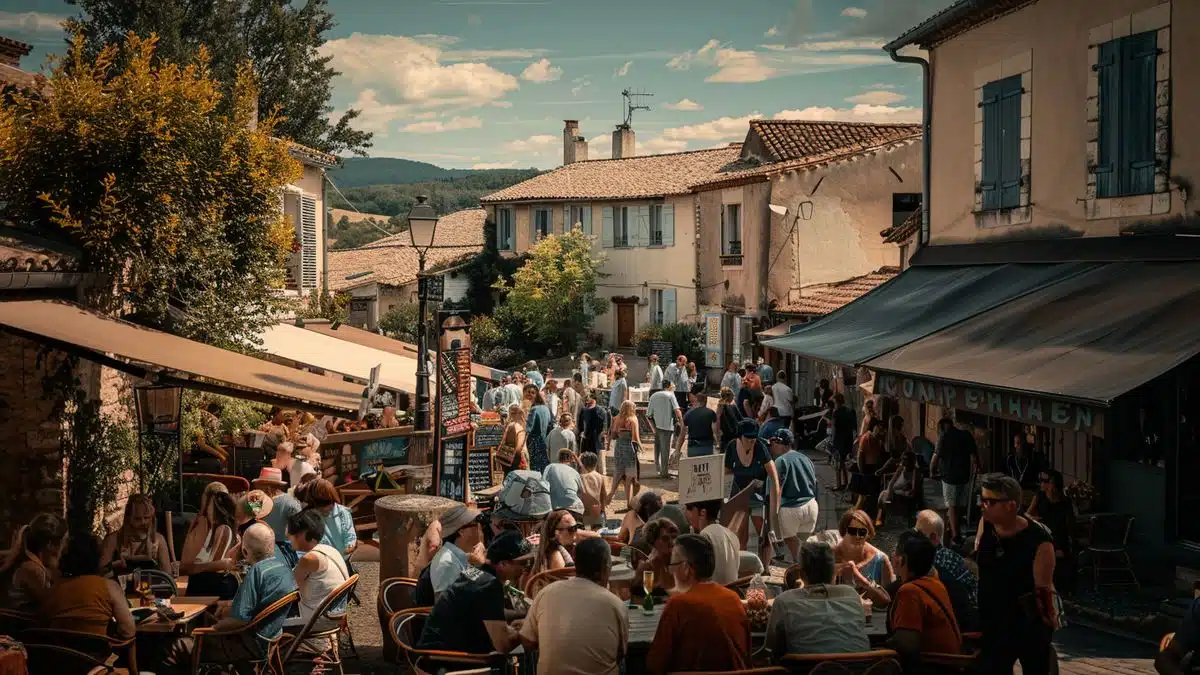 Community gathering in a small French town square.