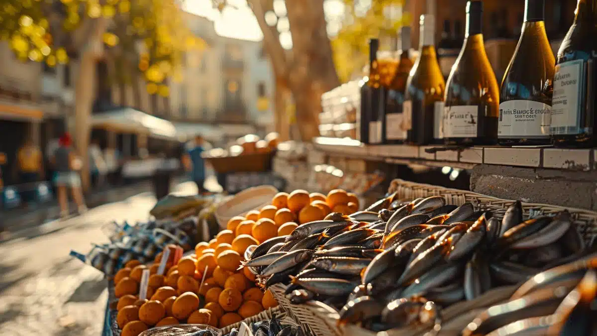 Sunlit market stall displaying fresh Banyuls wine bottles and local Collioure anchovies.