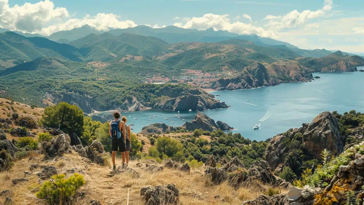 Hikers overlooking the stunning coastline and mountains of Collioure