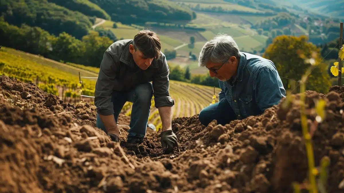 Winemakers examining soil quality in a picturesque Côte Vermeille vineyard.