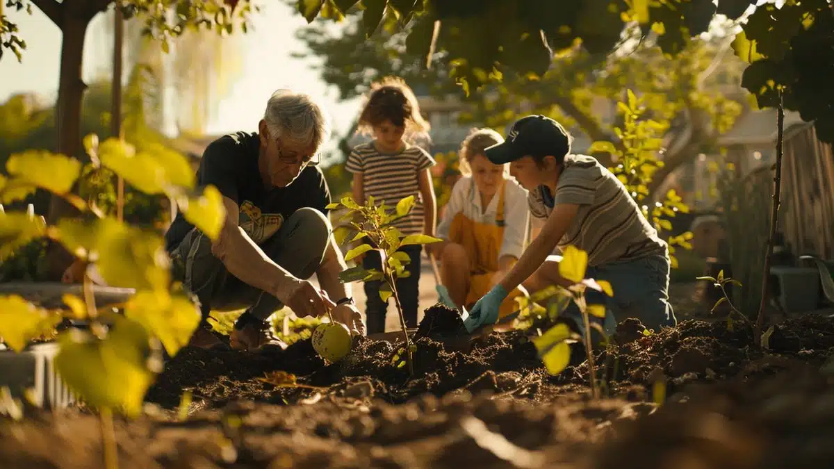 Grandparents and grandchildren planting trees together in a community garden.