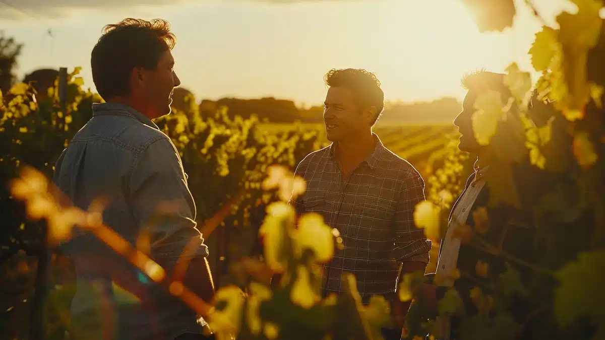 Winemakers collaborating in a sunlit vineyard, discussing grape selection and quality in Côte Vermeille.