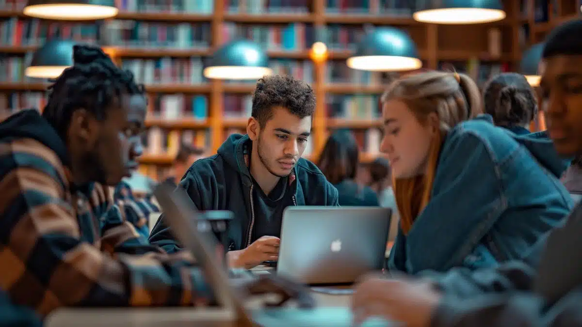 Diverse group of students collaborating on laptops in a modern university library.