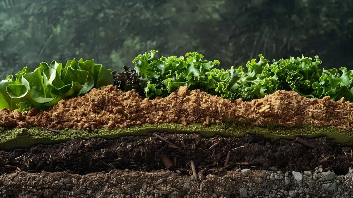 Layered compost bin with alternating green and brown materials.