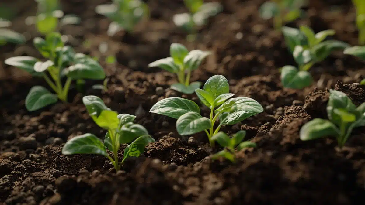 Freshly planted seedlings in nutrientrich soil beds.