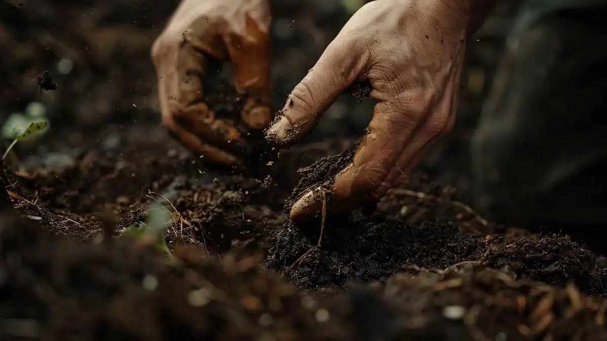 Closeup of hands applying organic fertilizer to soil