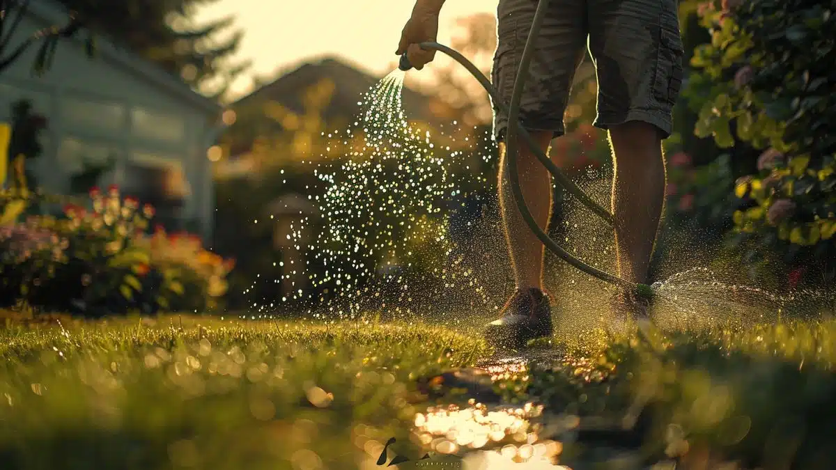 Michel lightly watering the freshly raked lawn with a garden hose.