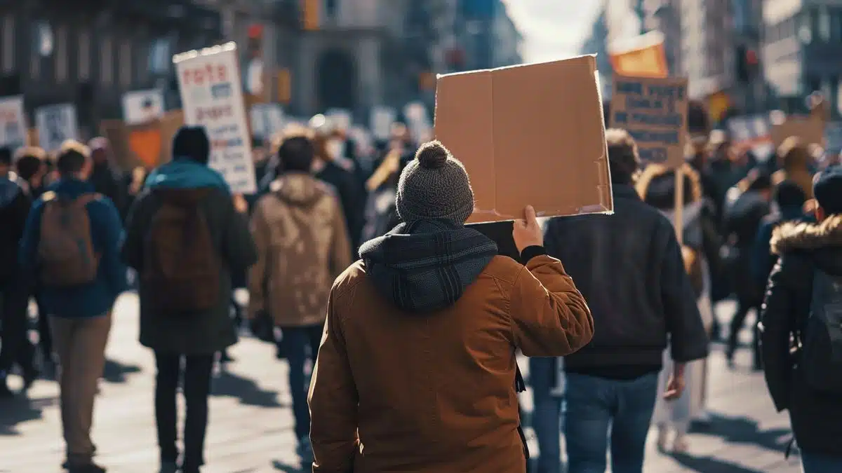 Protesters holding signs advocating for press freedom in a crowded city square.