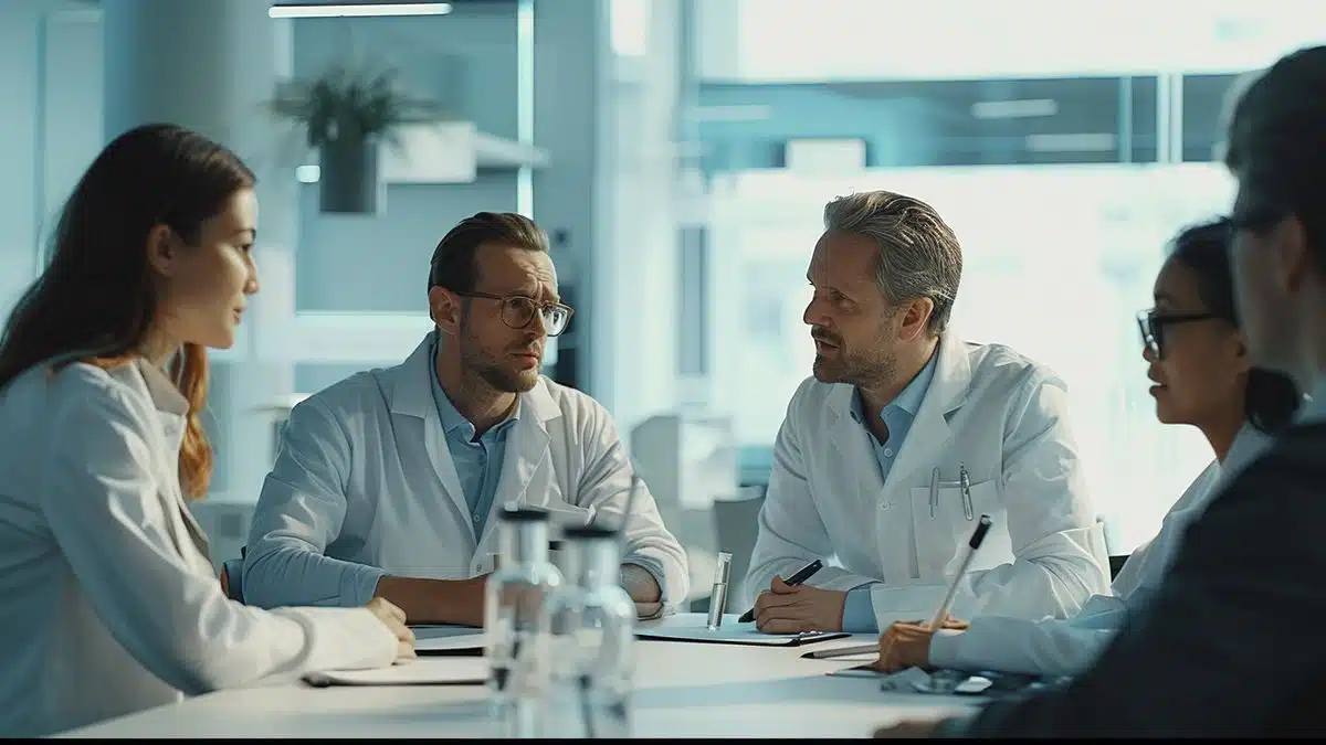 Team members discussing clear testing protocols in a bright, organized meeting room.