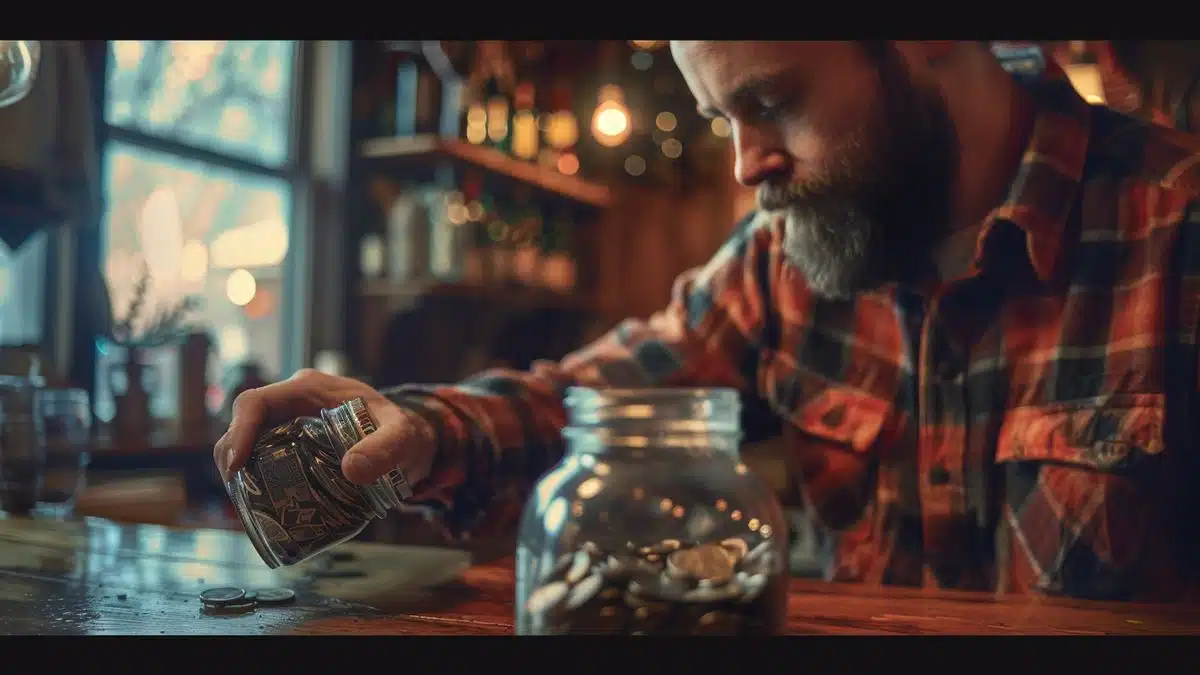 Man reassigning diningout budget to his savings jar.