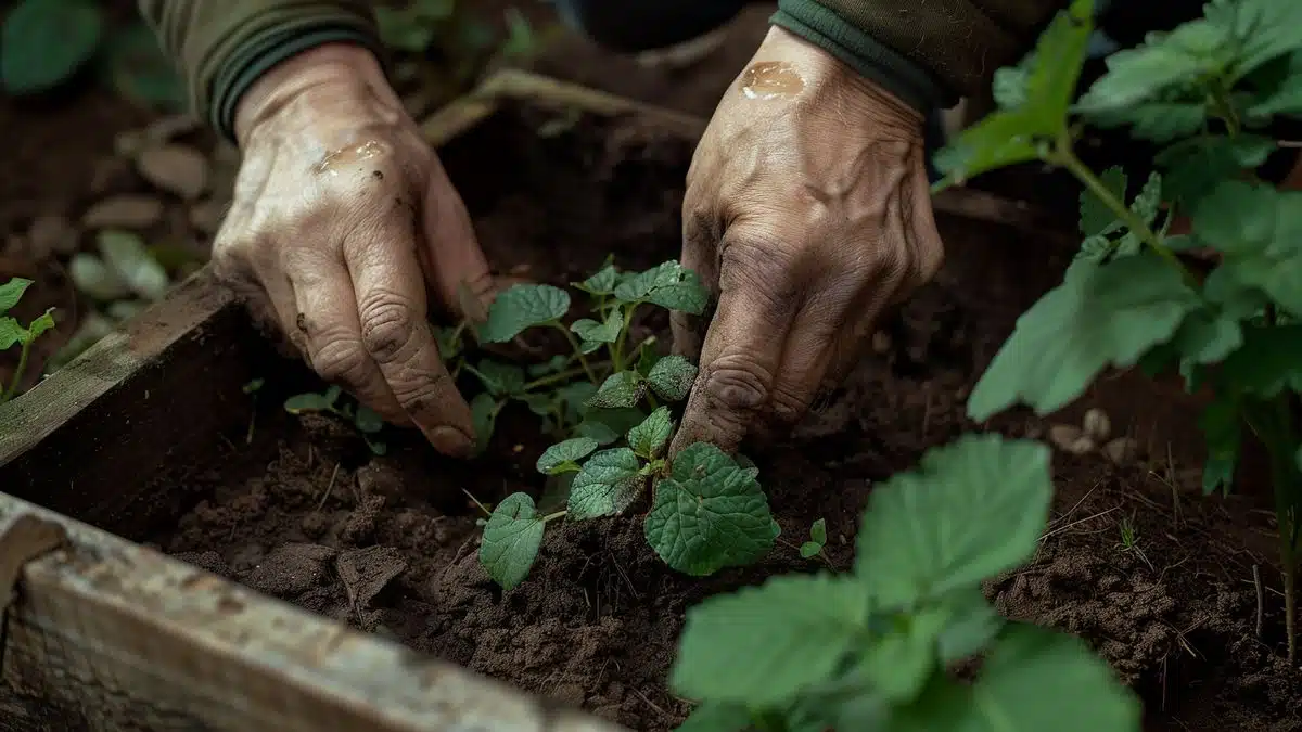 Hands planting in a wooden container, highlighting the ease and practicality of use.