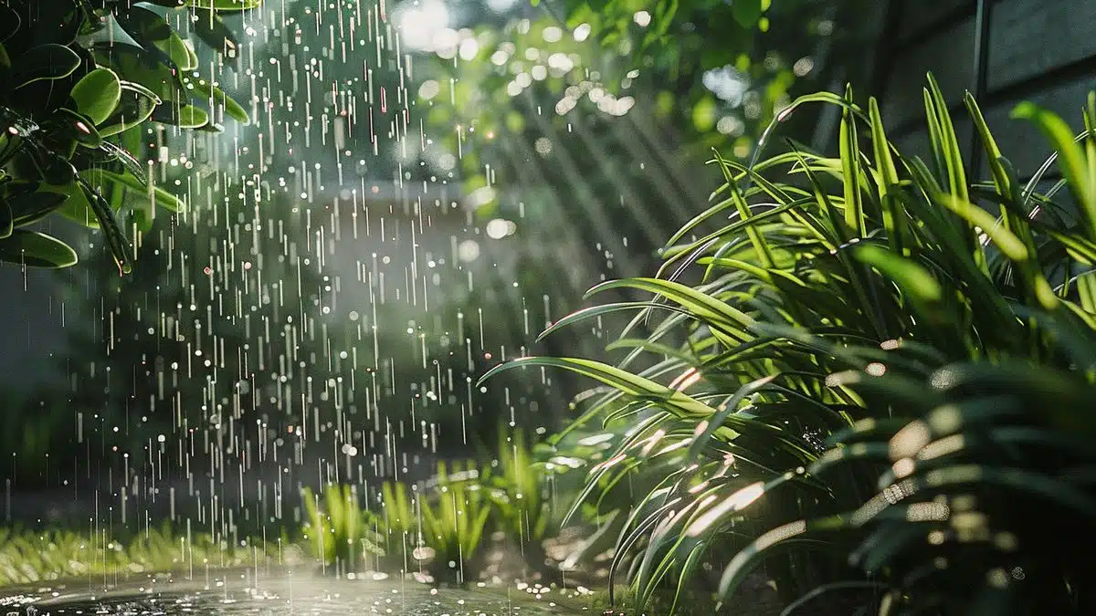 Plants flourishing under a precisely timed irrigation system in a backyard.