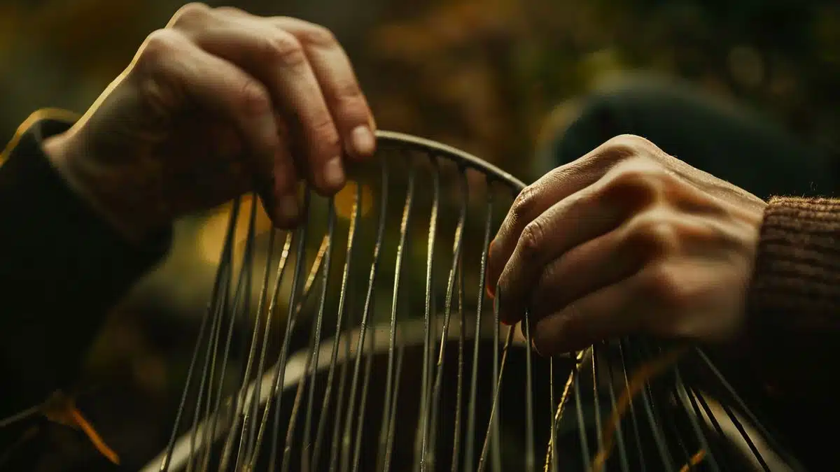 Hands gripping a flexible rake, focusing on the curved tines.