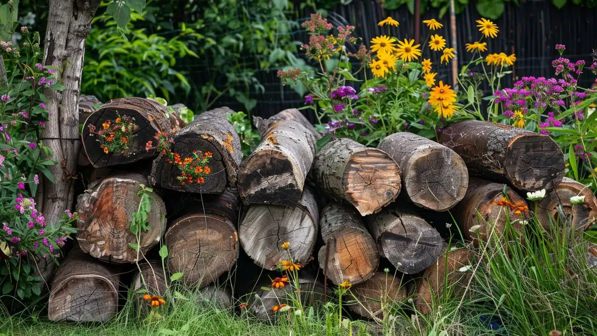 Wooden logs stacked in a garden, providing refuge for insects.