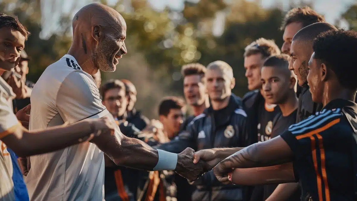 Zidane shaking hands with athletes from different cultural backgrounds.